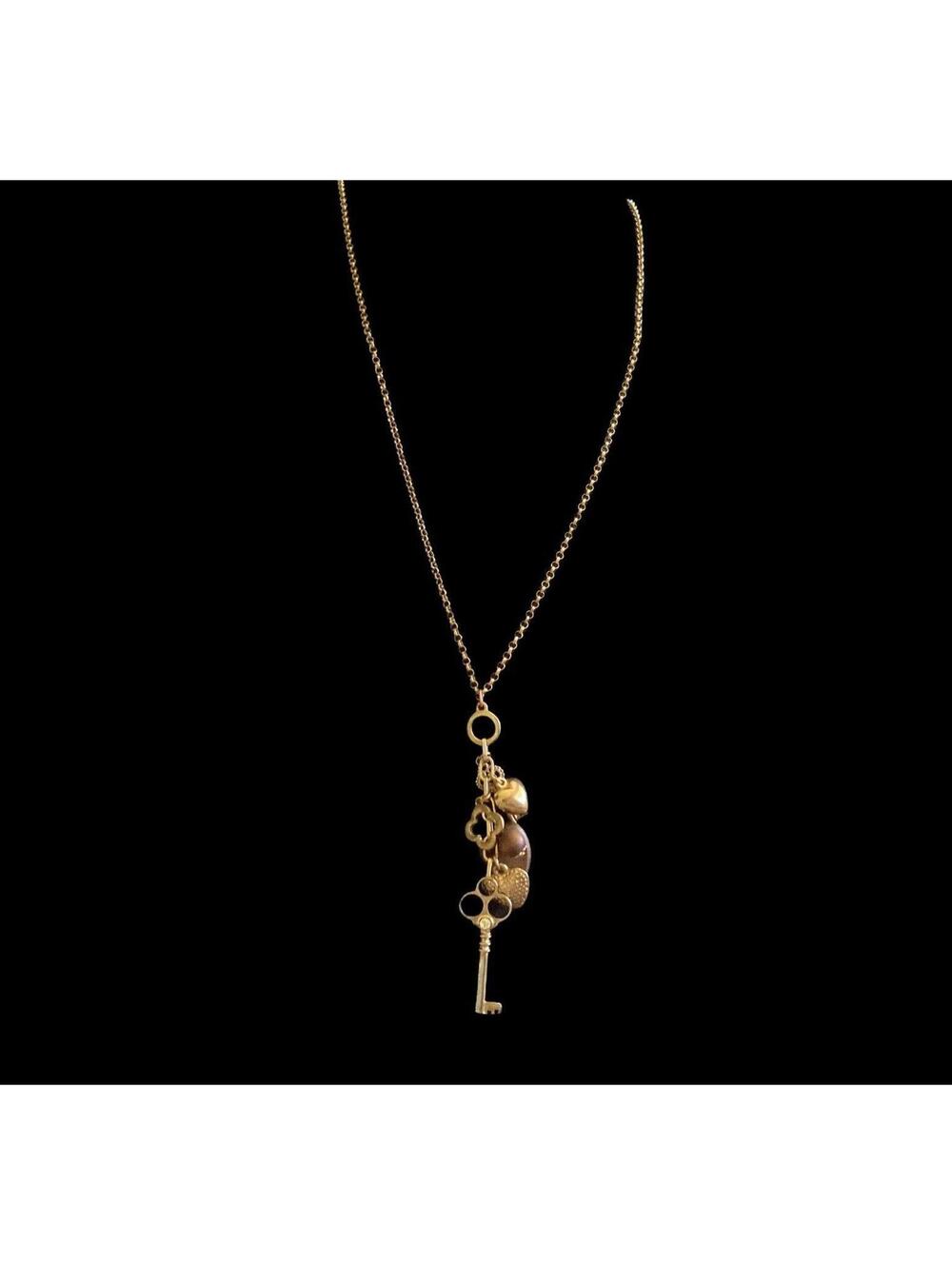 Gold Tone Necklace With Vintage Key Pendants & Charms